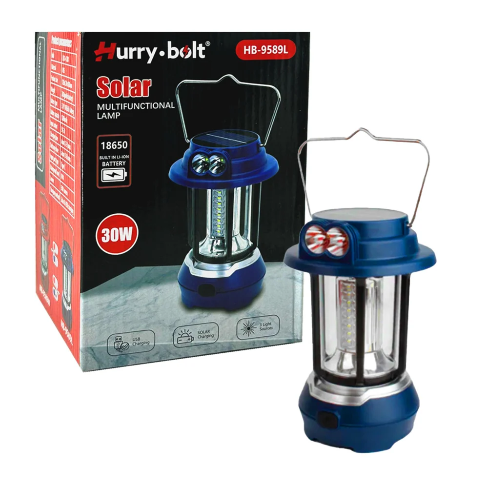 Lámpara linterna recargable portátil multifuncional hurry bolt con luces intercambiables y panel solar, 30w / hb-9589 / hl-lam8328