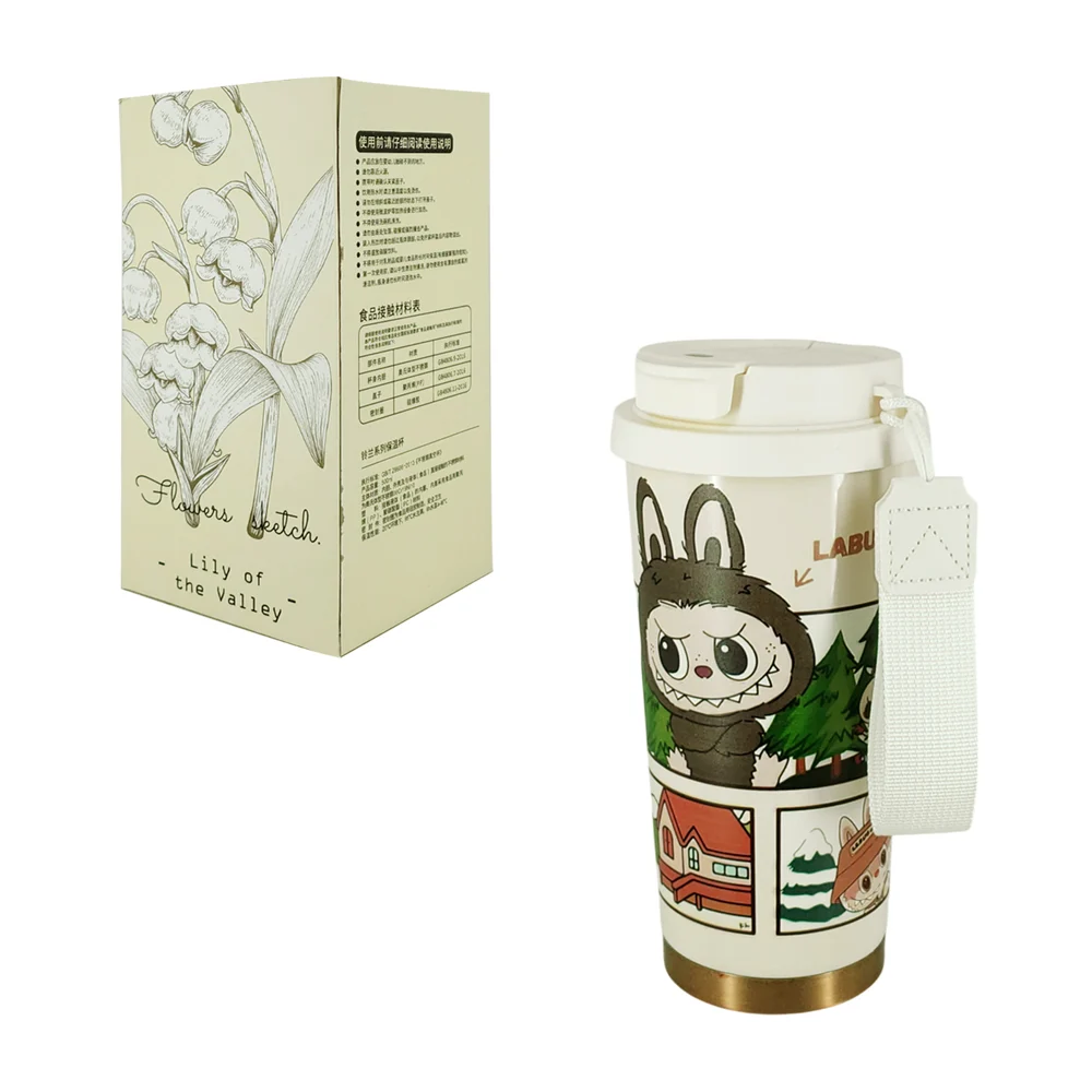 Vaso termo de acero inoxidable con tapa, popote y estampado de labubus, 500ml, variedad de modelos / lily of the valley / lbb-010