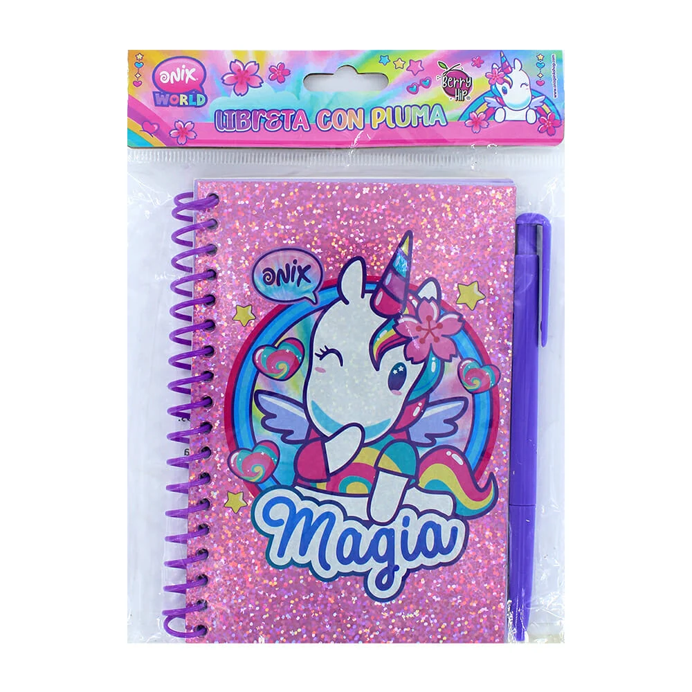 Libreta engargolada con diseño de unicornio onix en efecto holográfico y pluma retráctil / lcp72on