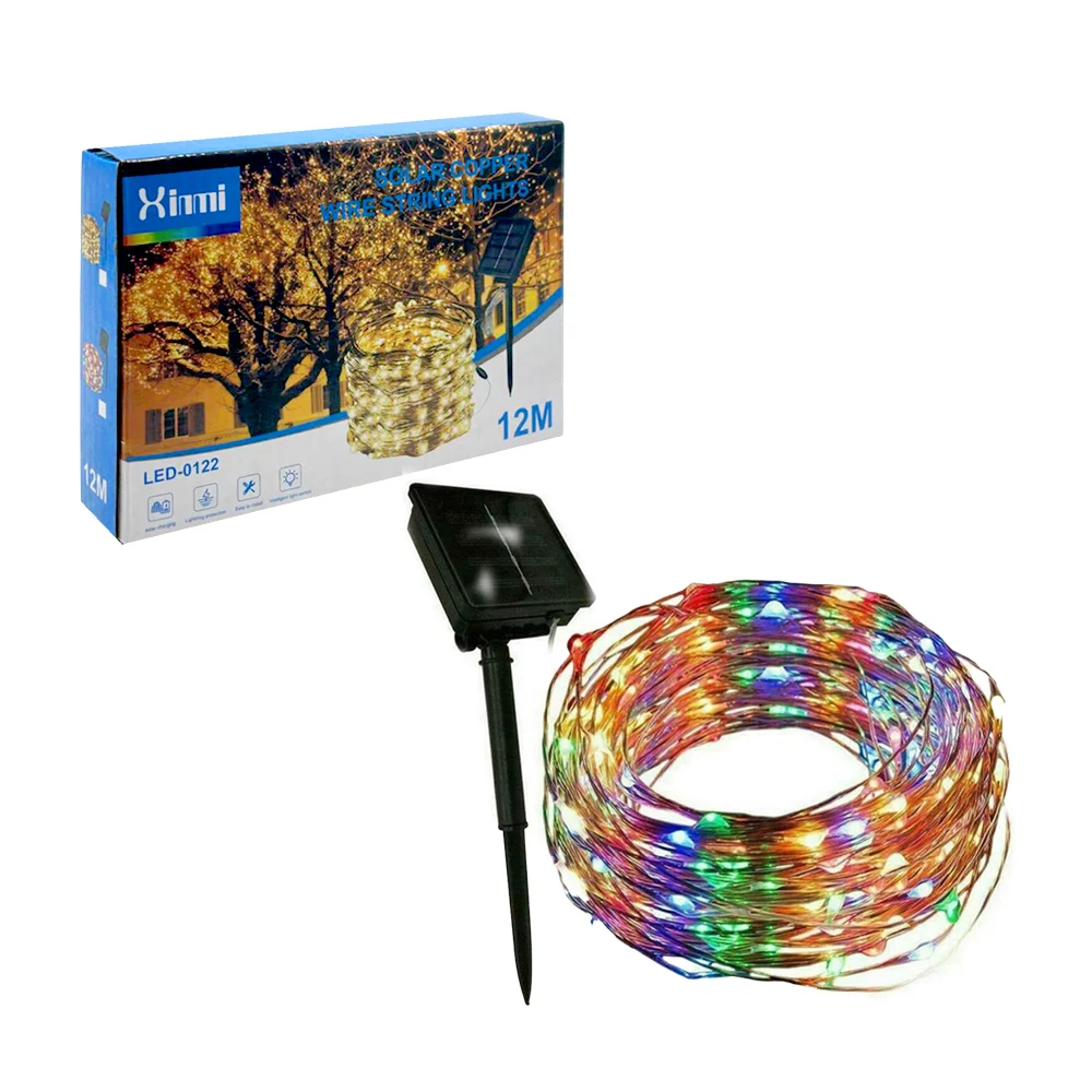 Serie de luces led en tono multicolor con alambre de cobre, 12m + mini panel solar / led-0122