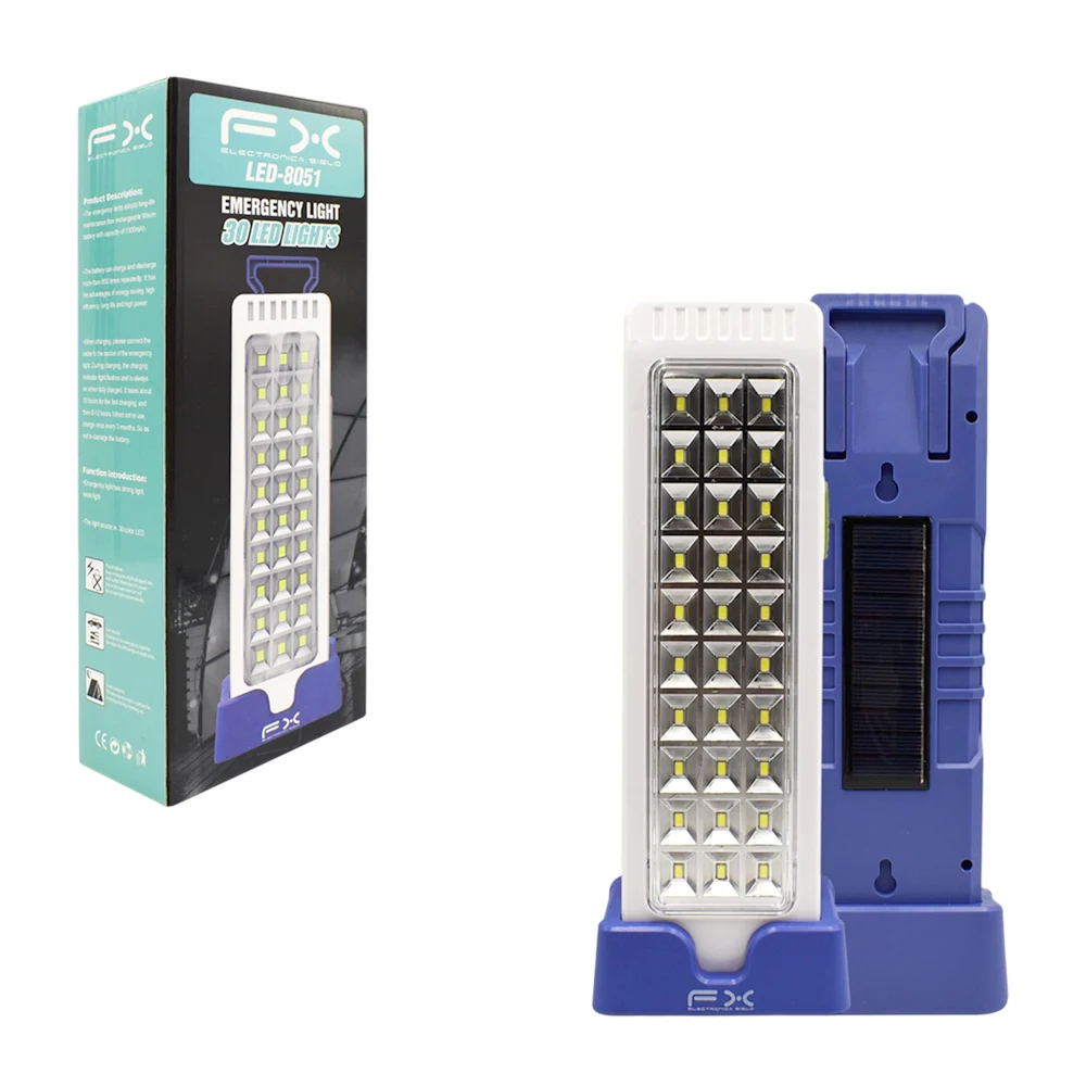 Lámpara de emergencia fx con 30 leds de alta potencia, 2 intensidades de luz y panel solar / led-8051
