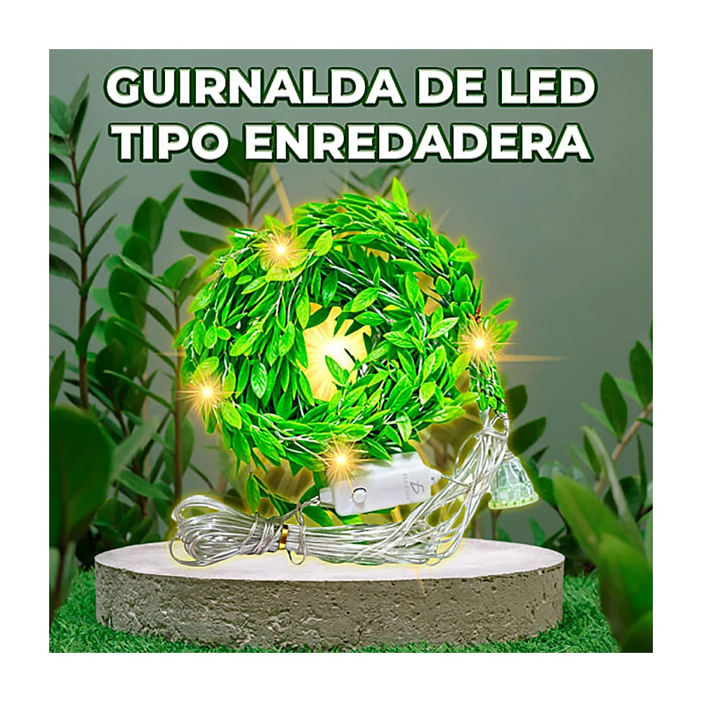 Serie / cascada de luz led cálida, con 10 tiras de hojas artificales tipo cortina
