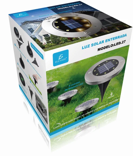 Caja de 4 lámparas solares de piso a prueba de agua, batería de 600 ma, variedad de colores / led.27X4 / led.27.caja4