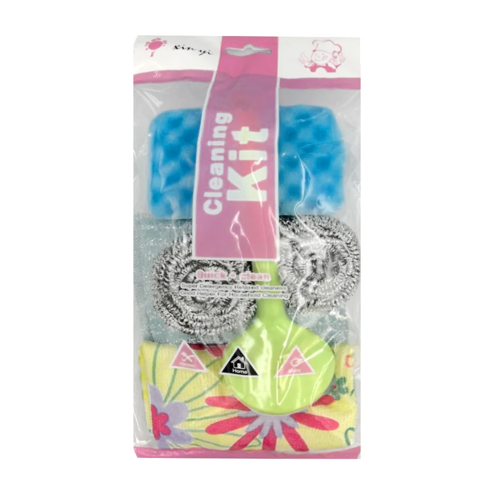Set de limpieza con esponja, fibra metálica, cepillo de silicón y trapo de microfibra / lf-gs8996