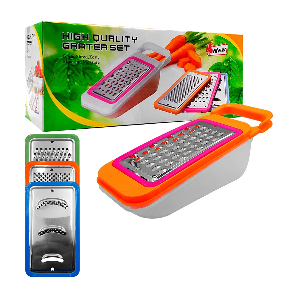 Rallador de cocina manual de plástico con cuchillas intercambiables para varios tipos de corte + contenedor, variedad colores / qcq8940 / high quality grater set