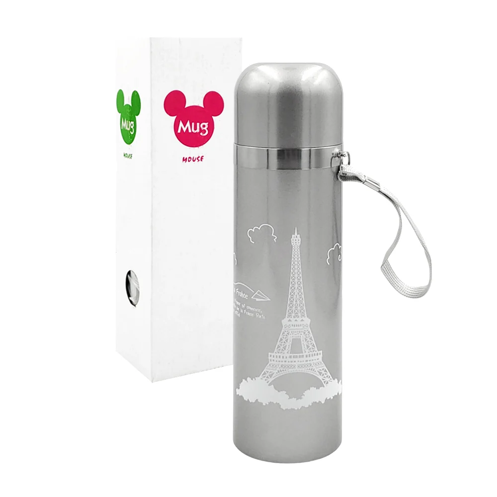 1pza Bote termo metálico, con tapa para beber, estampado y asa agarradera de tela, variedad de modelos / mug mouse / 500ml / rpb427