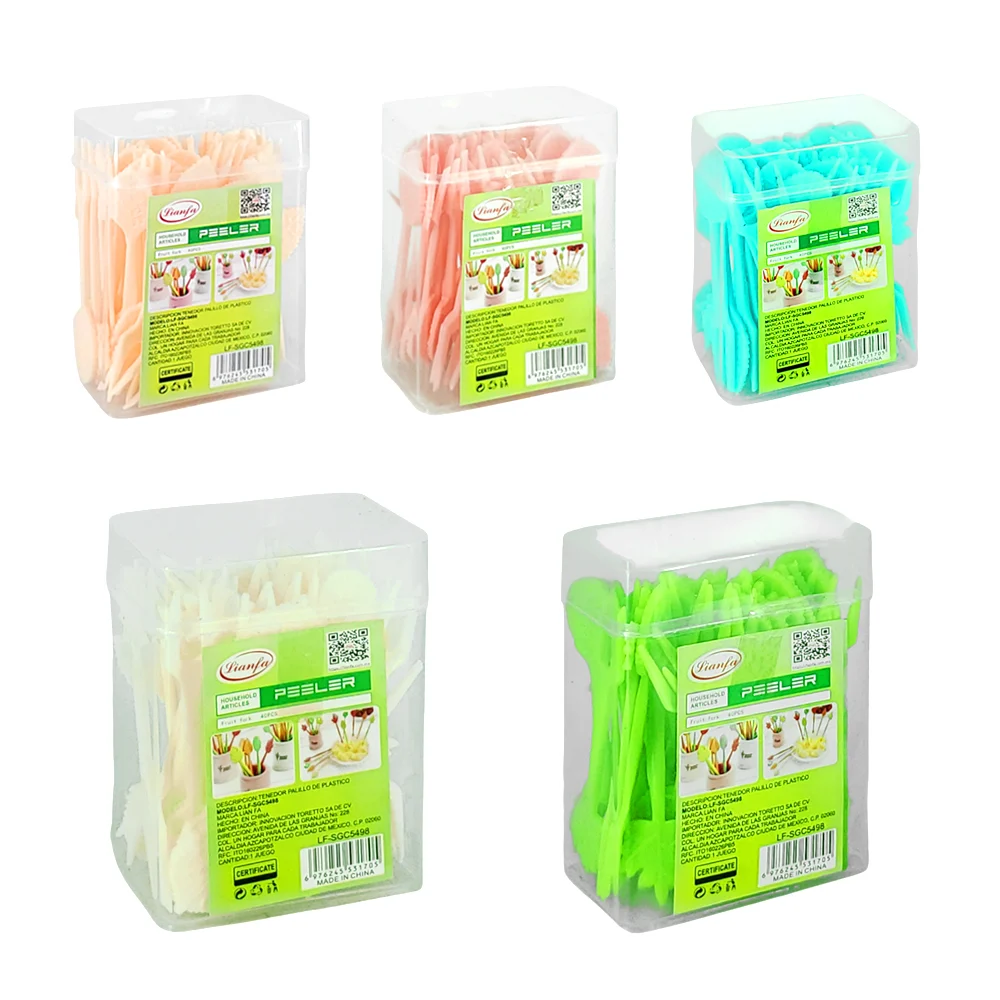 Cajita con 40 mini tenedores / palillos de plástico, con borde en forma de hoja, variedad de colores / peeler / sgc5498