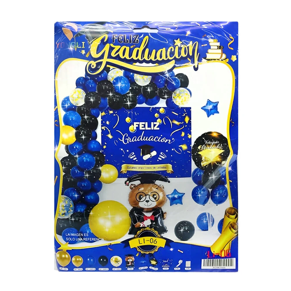 Set 52 globos metálicos yongli con temática feliz graduación, tira cadena transparente y accesorios / li-16