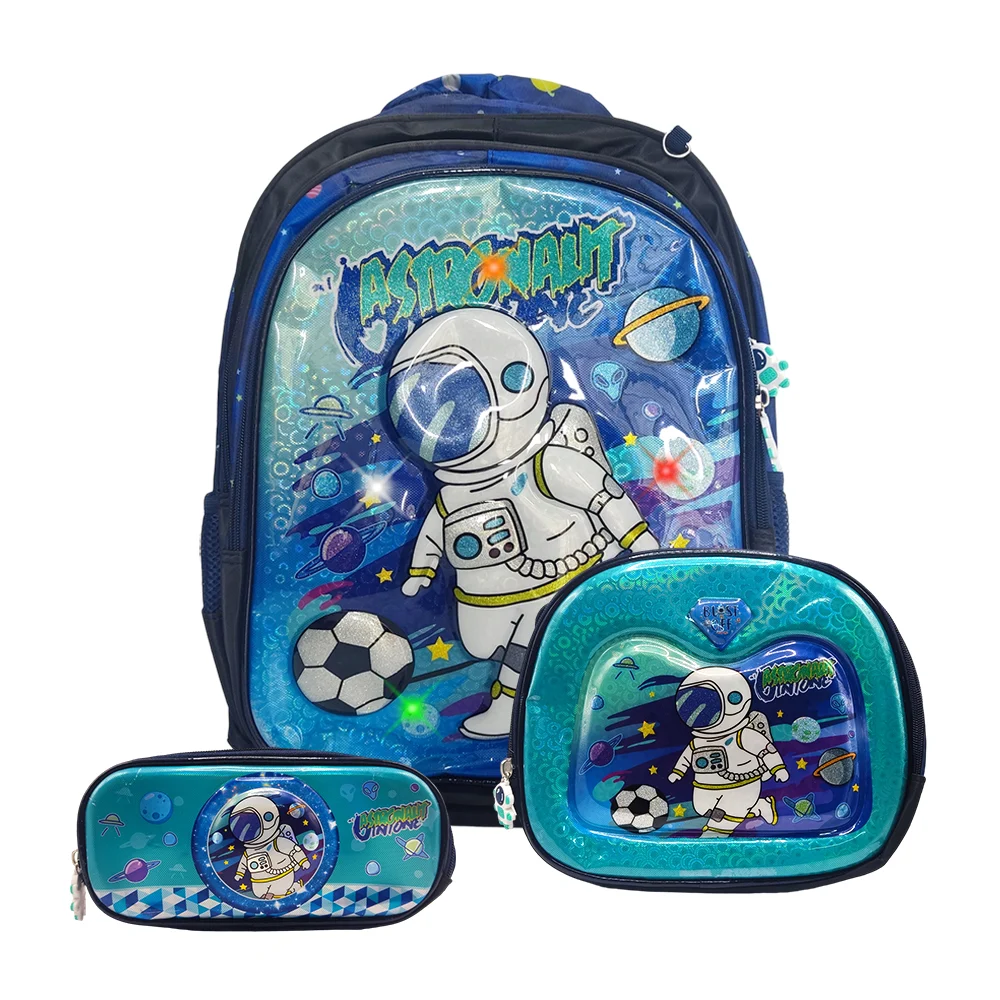 Mochila escolar infantil de 3 compartimentos con luces, diseño de relieves 3d + lonchera térmica y estuche para colores, variedad de diseños / lml-9d-b