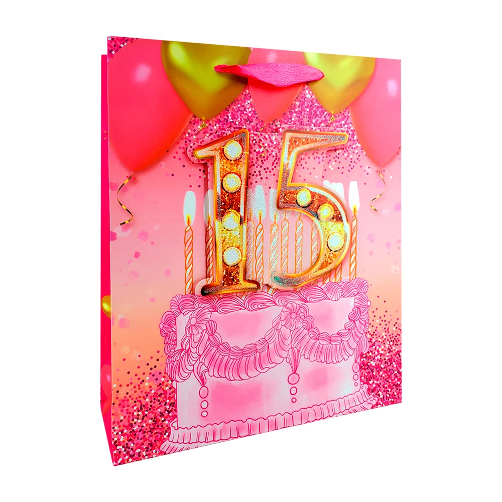 1pza bolsa de regalo 32x26x10cm temática mis xv 15 años con detalles 3d y diamantina, variedad de modelos / fd1420m