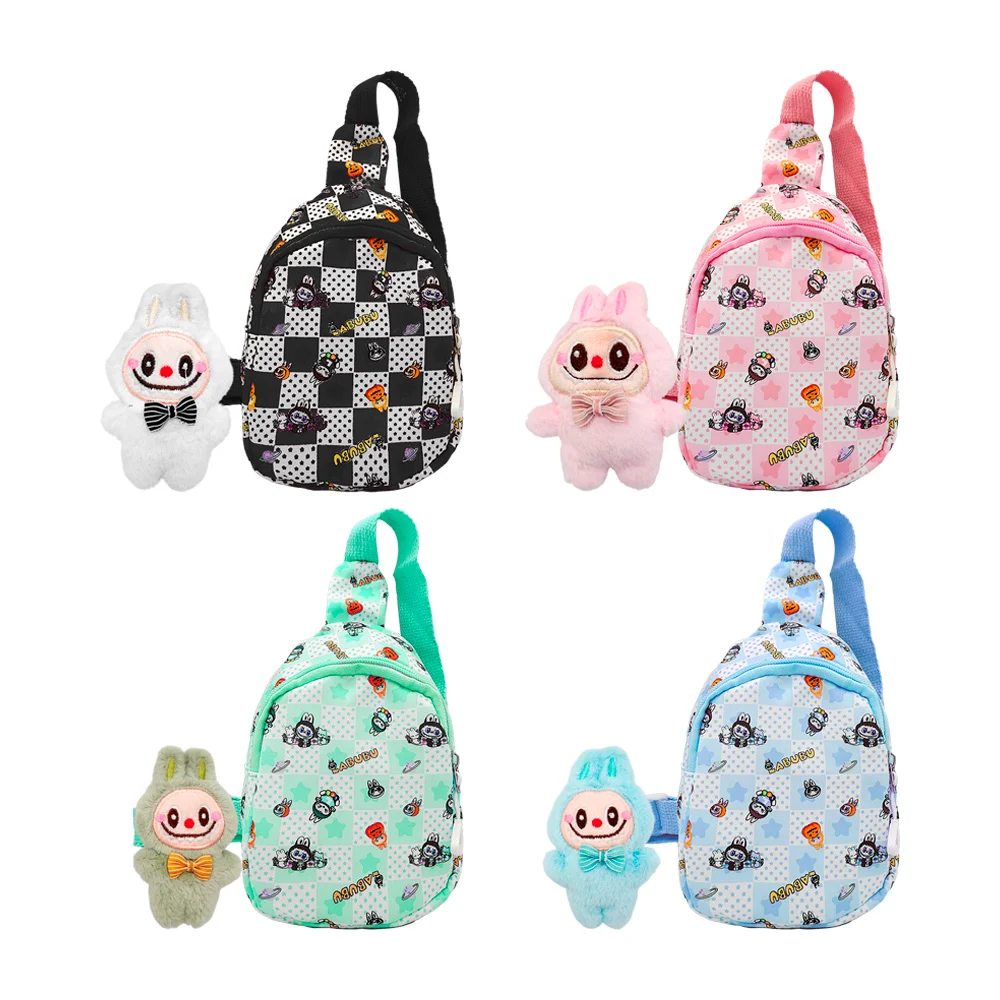 Bolsa mariconera infantil con estampado y pin afelpado de labubu, variedad de colores / lt-4