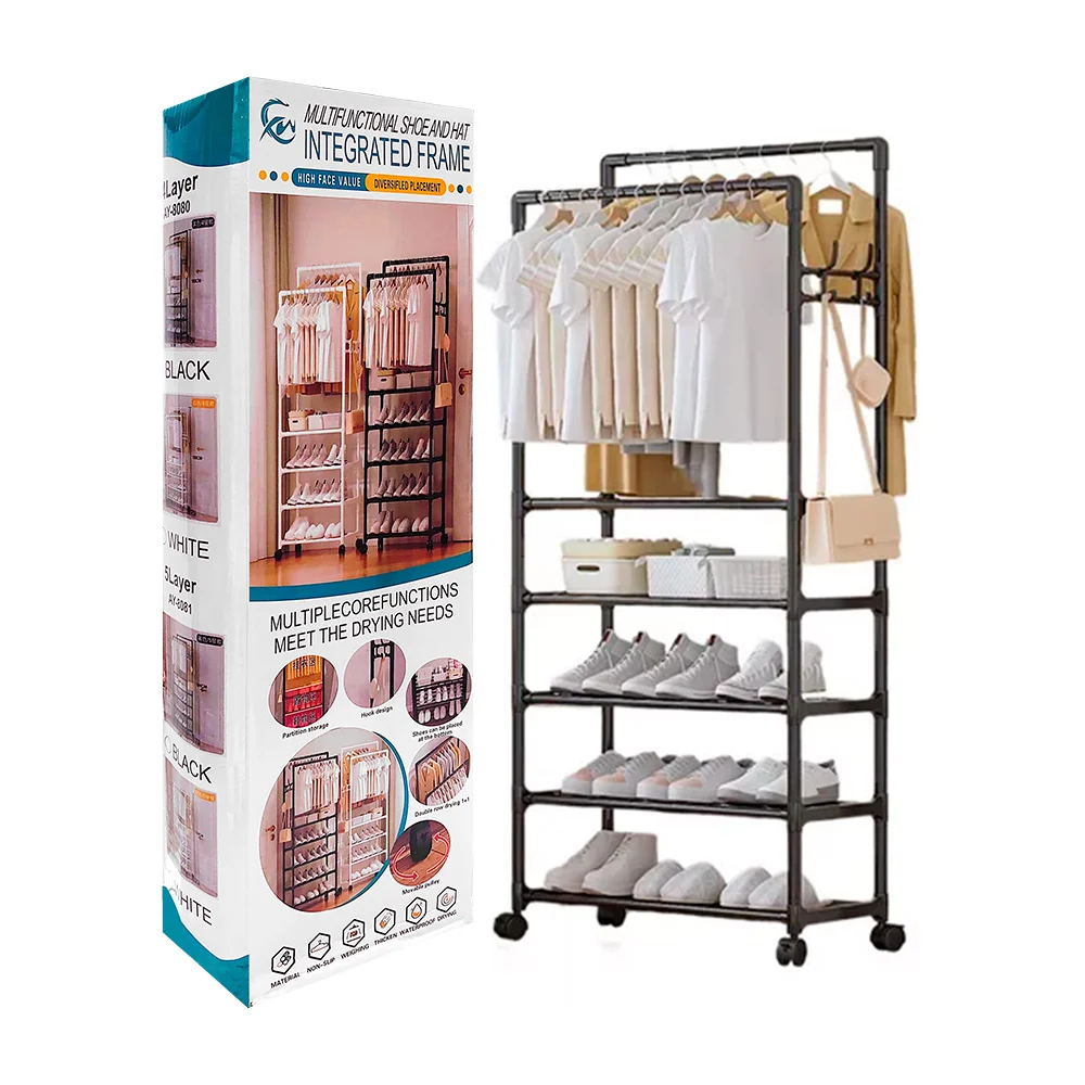 Organizador multifuncional móvil con 5 espacios organizadores y 2 tubos para colgar ropa, variedad de colores / multifunctional shoe and hat / ay-8080