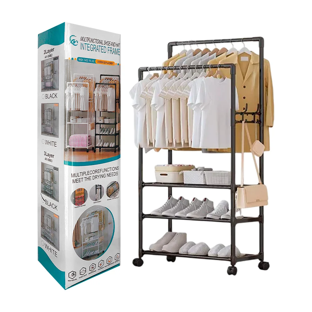 Estante organizador móvil con 3 niveles y 2 tubos para colgar ropa, variedad de colores / 166x33x56 / multifunctional shoe
