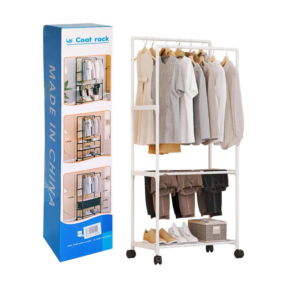 Closet organizador multifuncional con 2 niveles y 2 tubos para colgar la ropa, 57.5x30x147cm / coat rack / lu1276