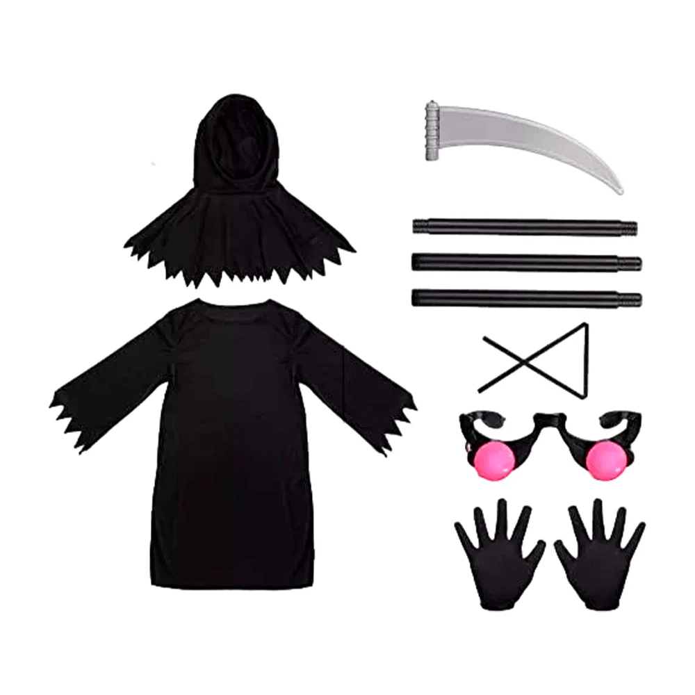 Kit con disfraz para halloween de la muerte con hacha, guantes y lentes con luz roja, 110x60cm / lu3085