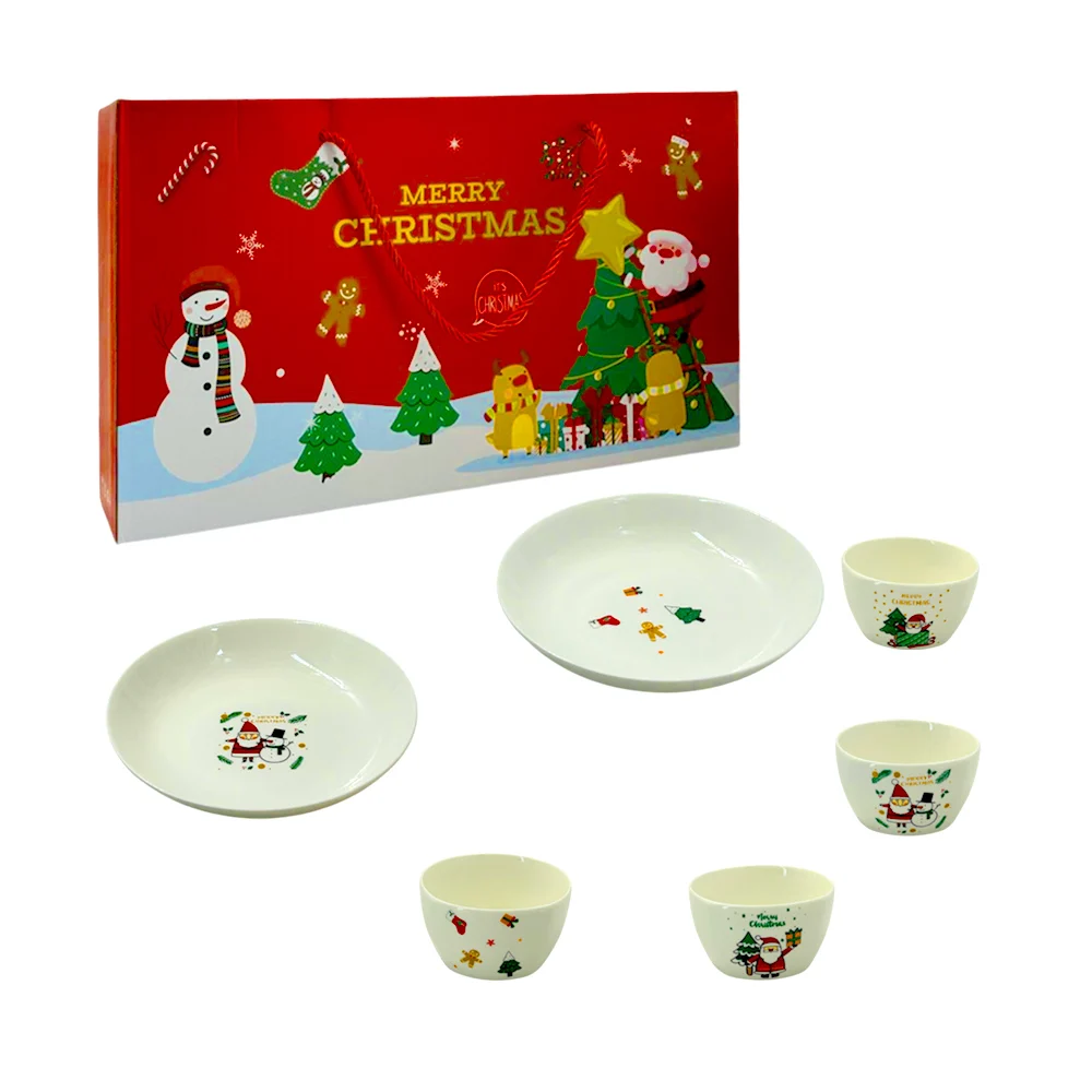 Set 2 platos y 4 tazones bowls de cerámica con estampado navideño / merry christmas / lu3142