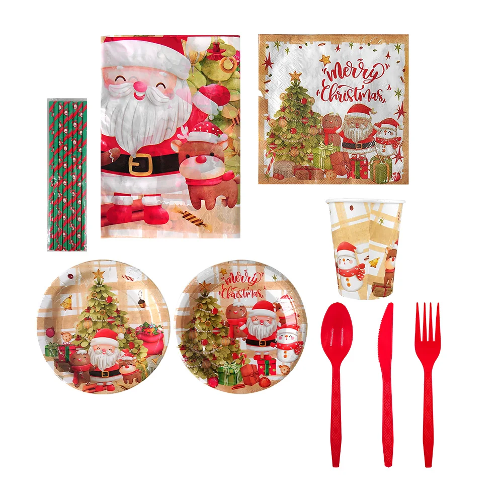 Kit de desechables para fiesta navideña con 8 platos grandes + 8 platos chicos, 8 vasos, popotes, servilletas, mantel, cucharas, cuchillos y tenedores