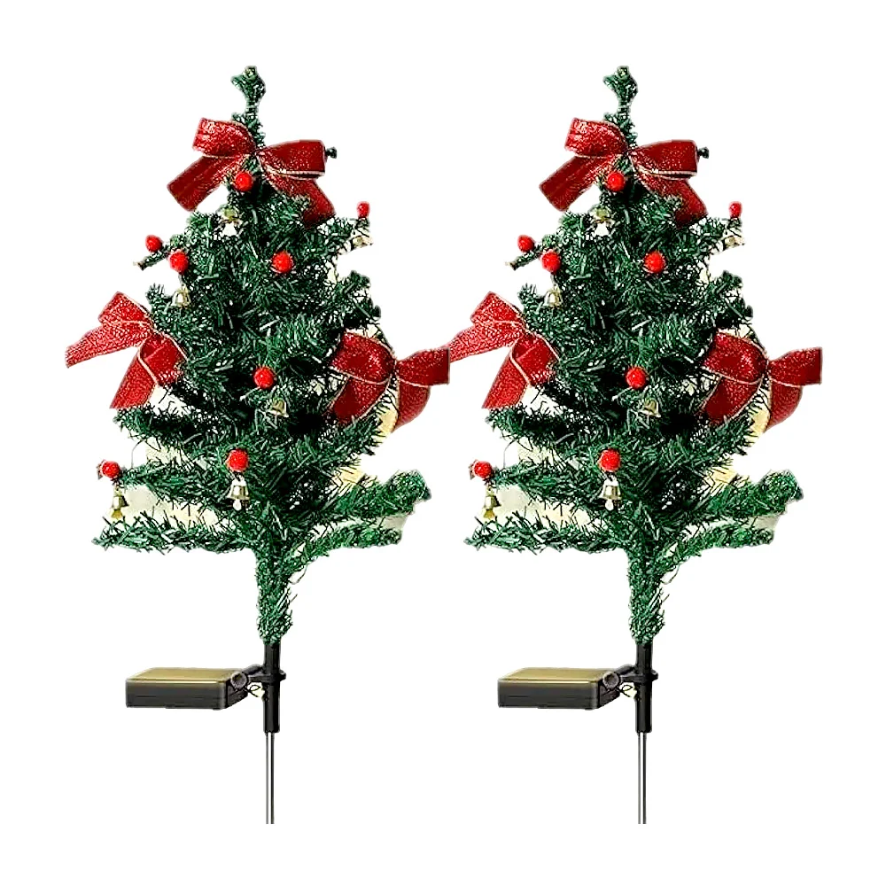 Set 2 lámparas decorativas en forma de pino árbol navideño pequeño con escarcha y panel solar para jardín / lu3226