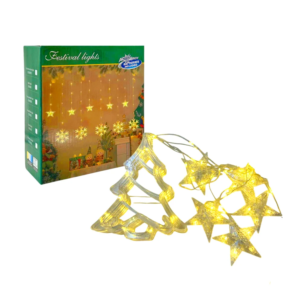 Serie cascada con focos led luz cálida + 10 figuras transparentes en forma de estrellas y pinos árboles navideños / festival lights / lu3237