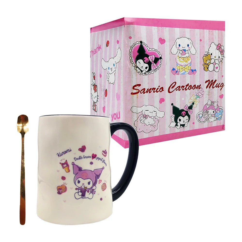 Taza grande de cerámica estampada con diseño de personajes y cuchara metálica, variedad de diseños / 12cm / sanrio cartoon mug / lu34181