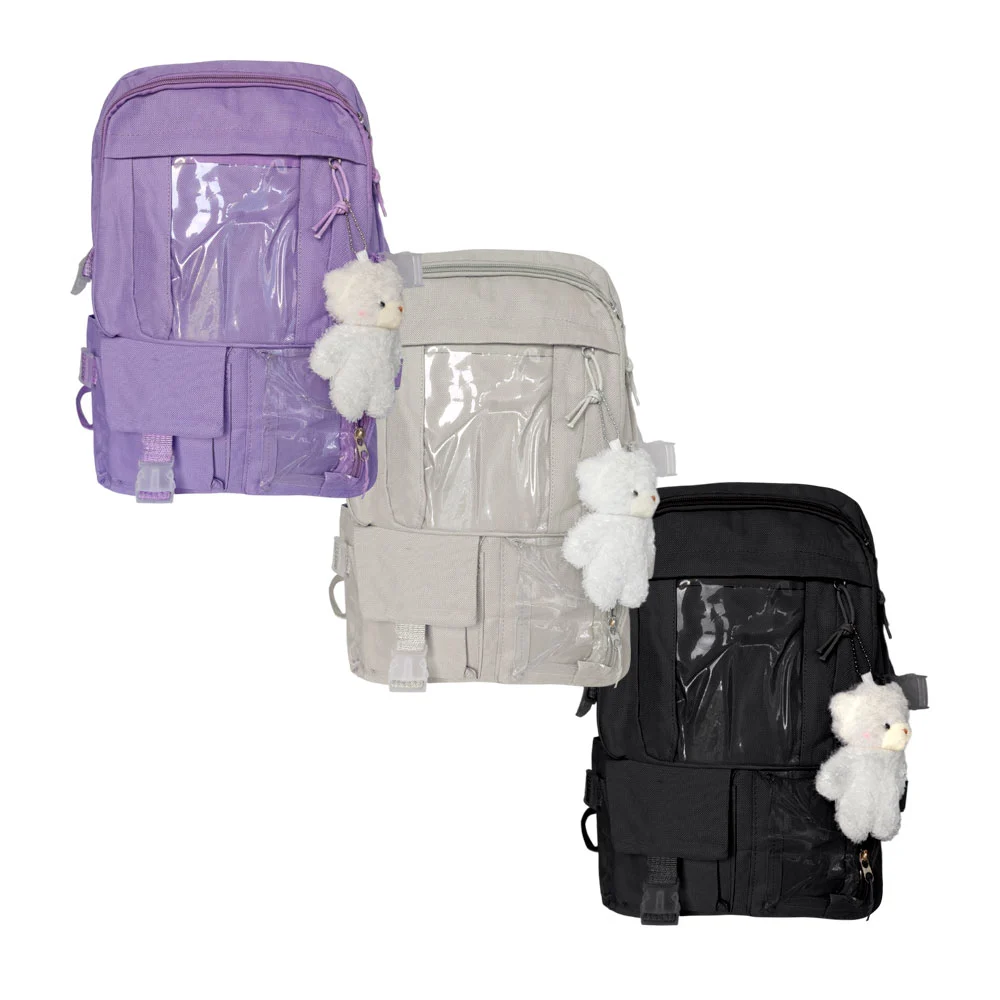Mochila con 5 compartimentos y llavero afelpado con forma de oso, variedad de colores / lu3559