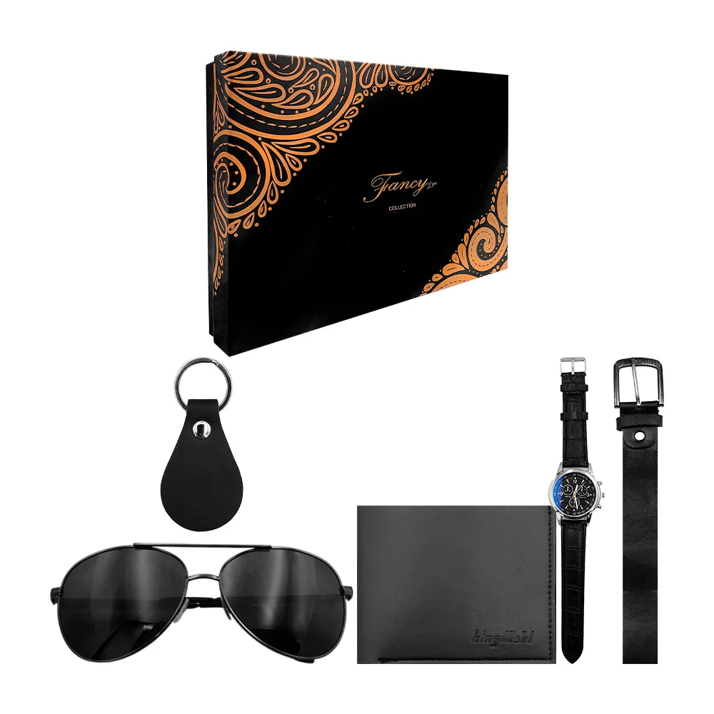 Kit de regalo para caballero con cinturón, billetera de piel, llavero, lentes de sol y reloj de muñeca / lu4052 / fancy collection