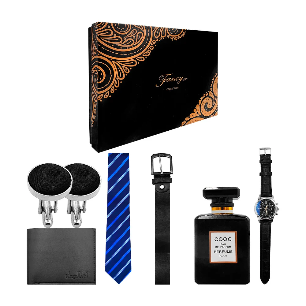 Kit de regalo para caballero con cartera, corbata, reloj de mano, cinturón, perfume y dos gemelos redondos / lu4054 / fancy collection