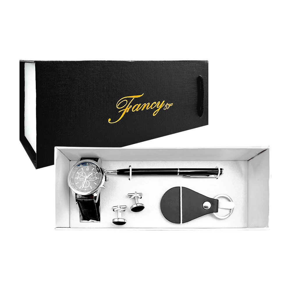 Kit de regalo para caballero con reloj de mano, llavero, 2 gemelos y bolígrafo / fancy / lu4057