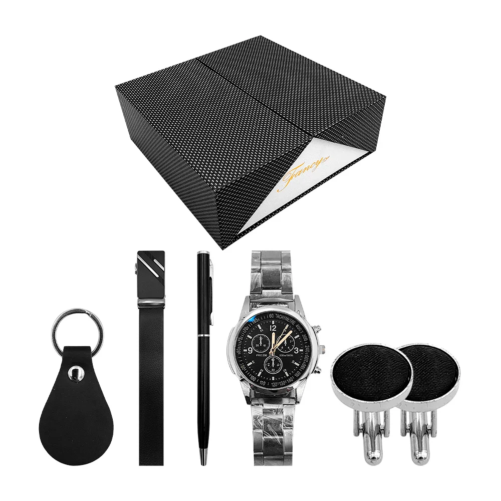 Kit de regalo para caballero con cinturón, pluma ejecutiva, reloj de muñeca, llavero y dos gemelos redondos / fancy / lu4062