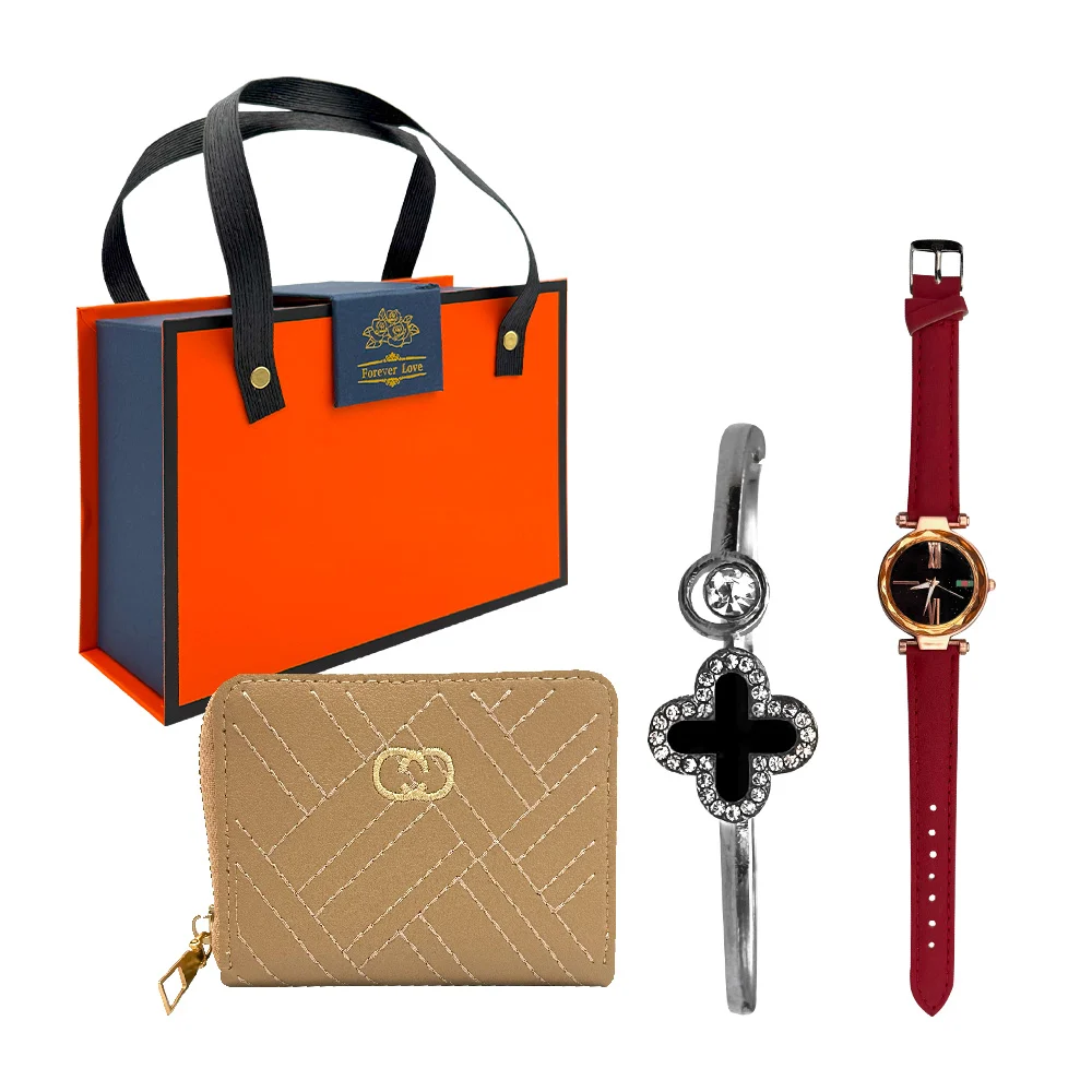 Caja de regalo para dama con cartera, reloj de muñeca y brazalete con diseño de flor diamantada / lu4064 / forever love