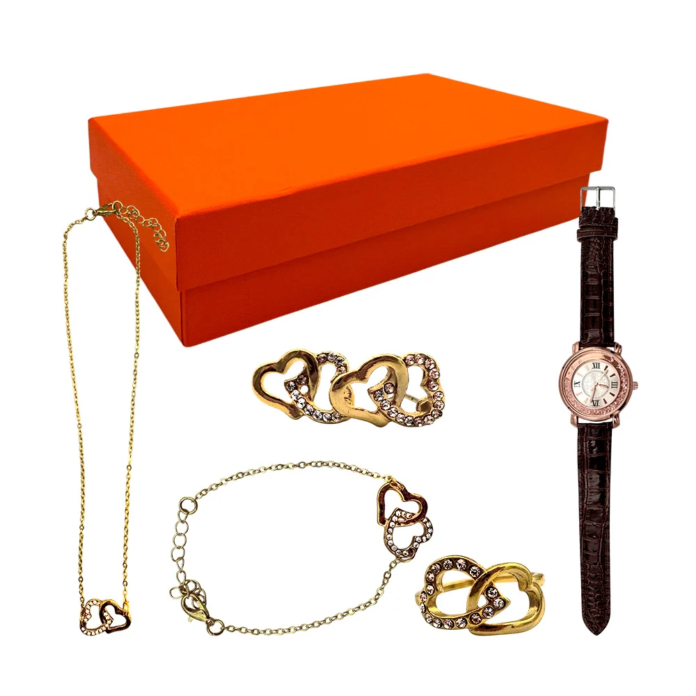 Caja de regalo para dama con reloj diamantado, aretes, anillo y cadenas / lu4294