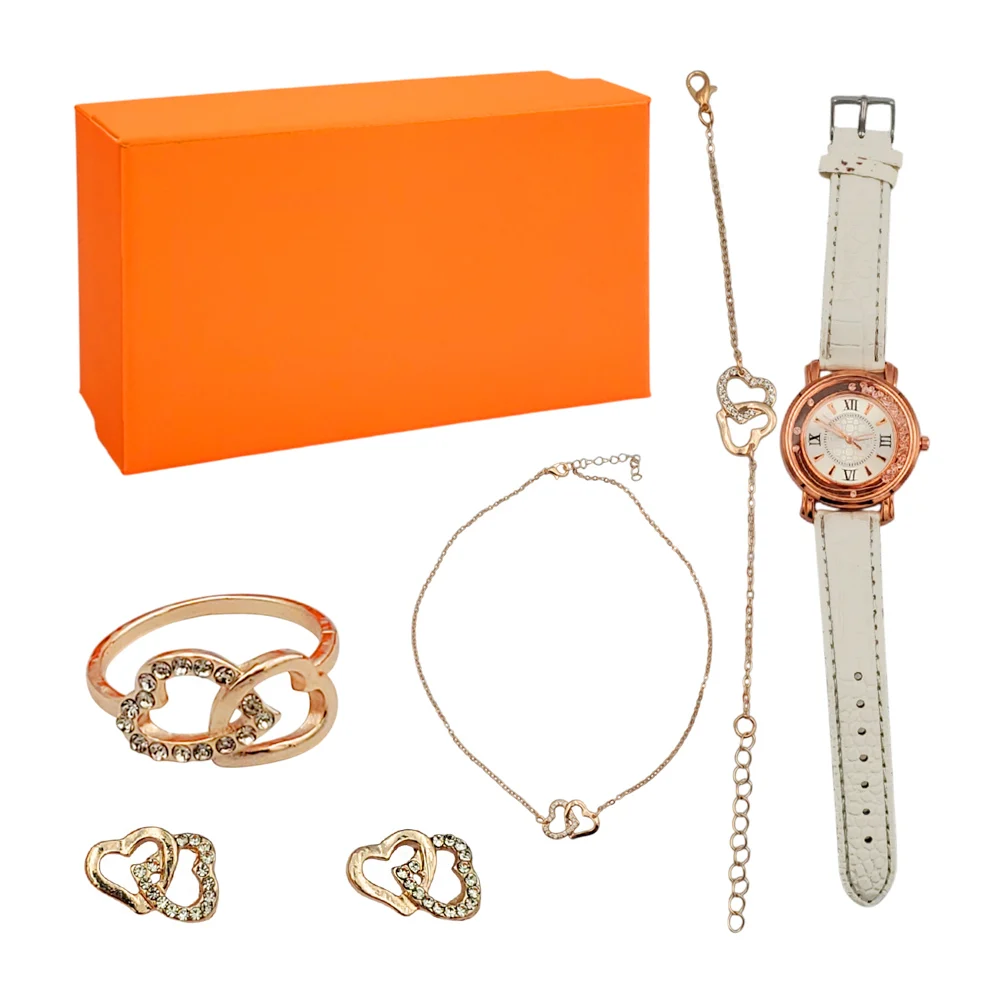 Caja de regalo para dama con reloj de mano, aretes, collar, anillo y cadena / lu4293