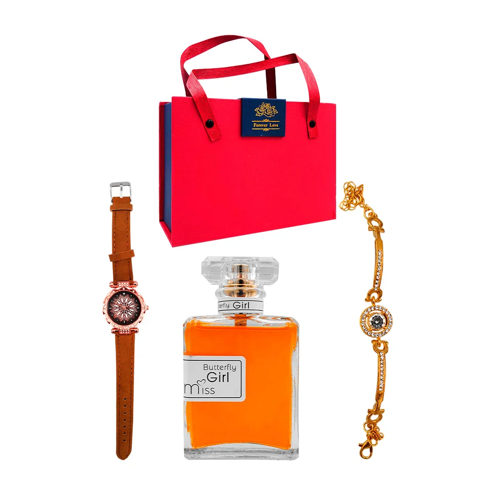 Kit de regalo para dama con pulsera, reloj de mano y fragancia con glitter / forever love / lu4321