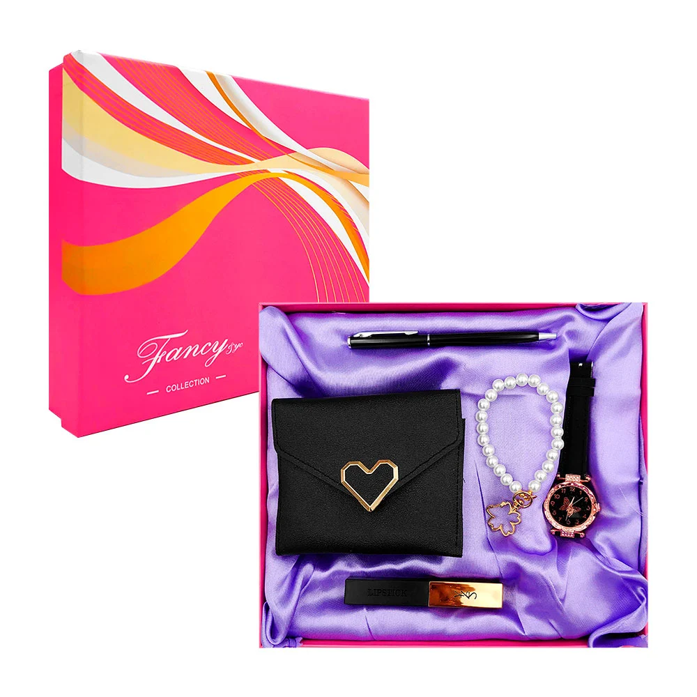 Kit de regalo para dama, con reloj, cartera, bolígrafo - pluma, labial y pulsera de perlas con dije, variedad de colores / fancy / lu4324