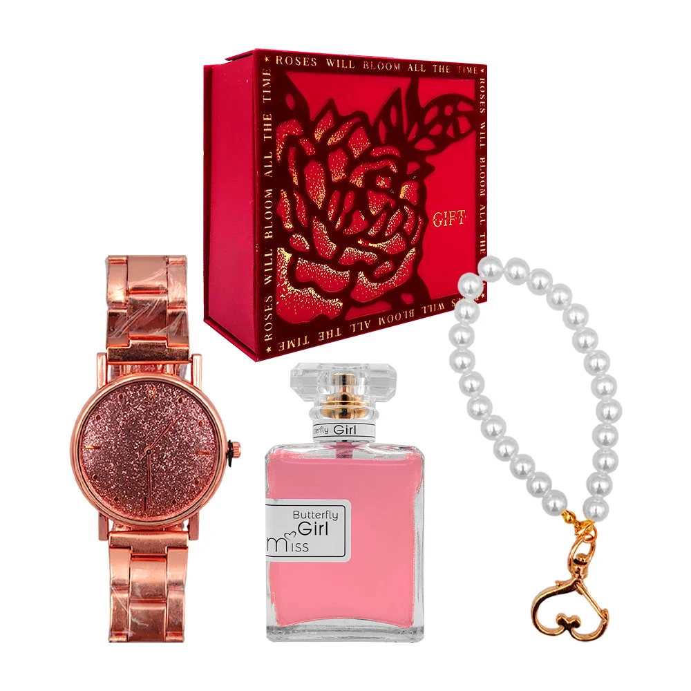 Kit de regalo para dama con pulsera, reloj de mano y fragancia con glitter / gift / lu4334