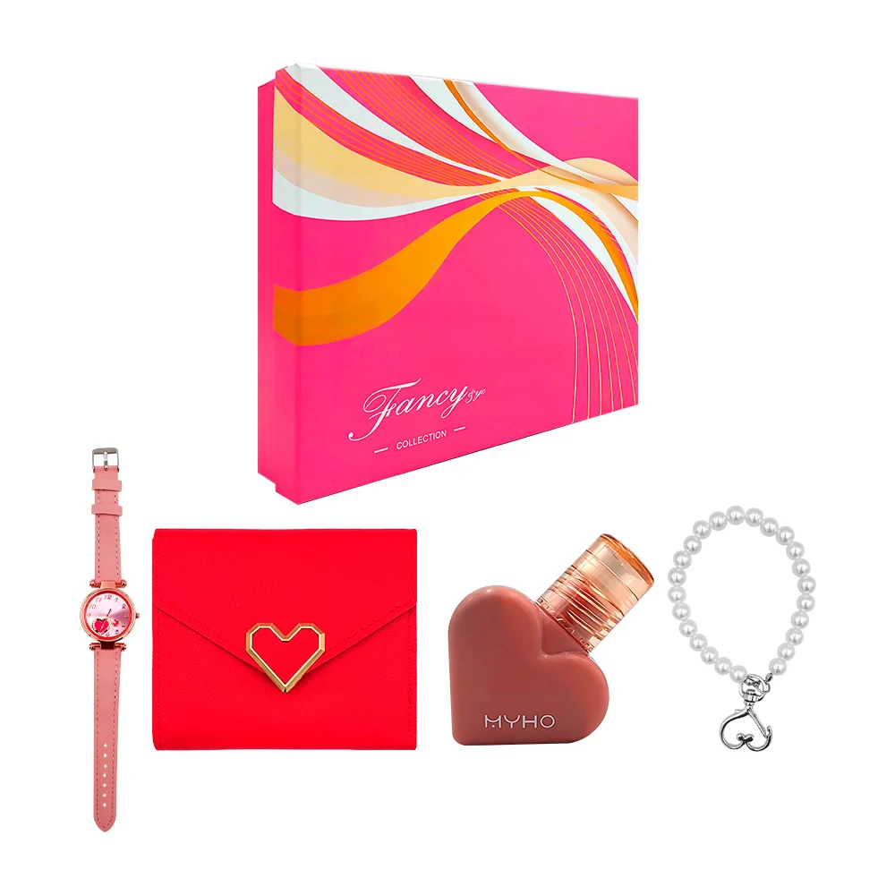 Kit de regalo para dama con cartera, pulsera de perlas, reloj de muñeca y gloss en forma de corazón / lu4337 / fancy collection