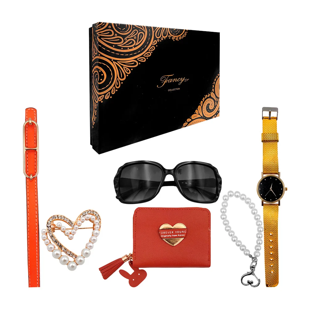Kit de regalo para dama con cinturón, pulsera, broche, reloj de mano, cartera y lentes de sol / lu4343