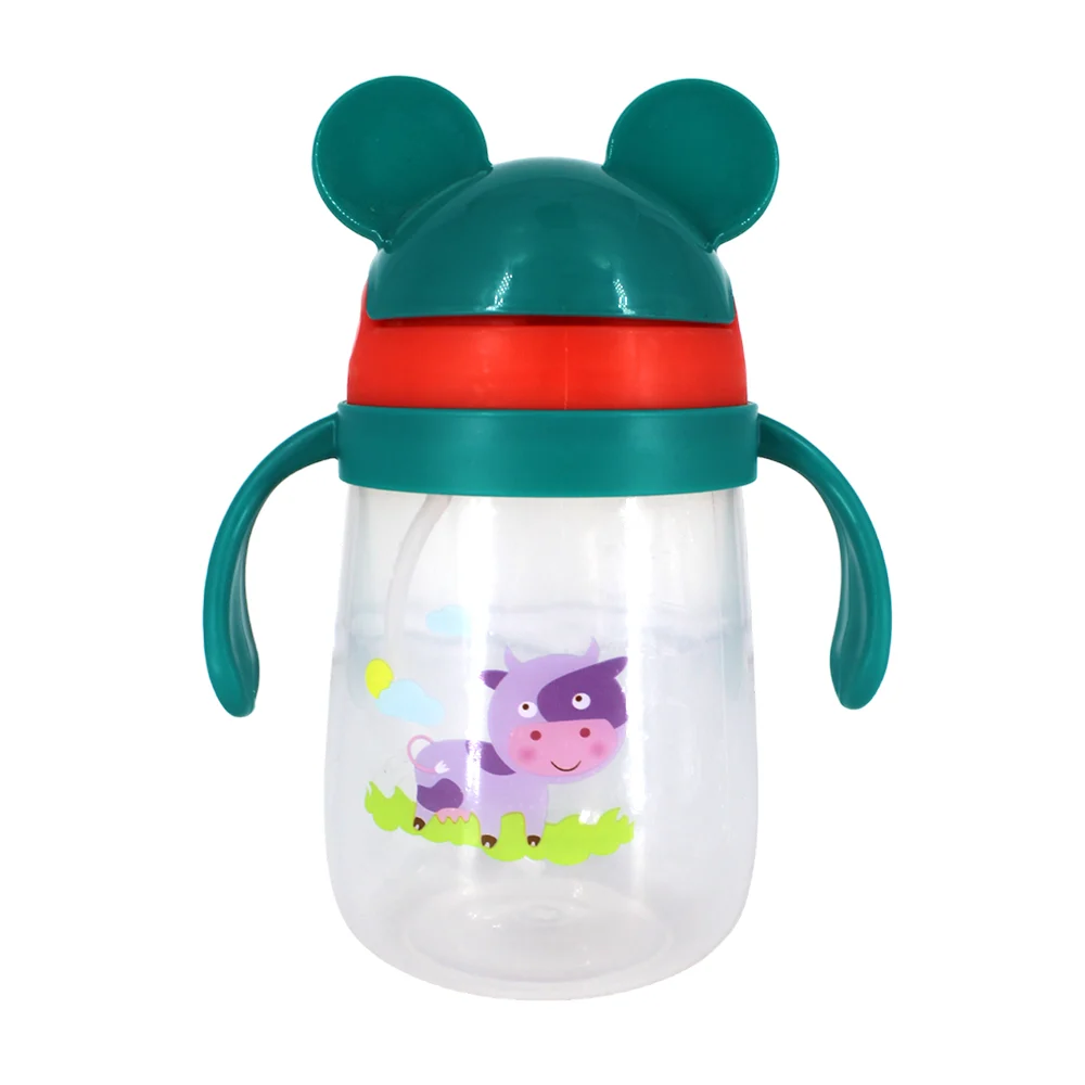 Vaso infantil de plástico antiderrames con diseño animado y agarraderas, variedad de colores / X257