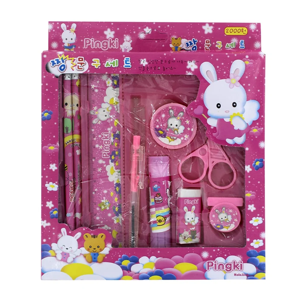 Kit de papelería infantil con 2 lápices, regla, borrador, sacapuntas, pluma, pegamento en barra, tijeras y clip / 2009
