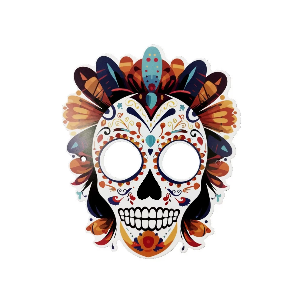 Paquete con 6 máscaras de papel en forma de calavera con temática del dia de muertos y seguro elástico, variedad de diseños / lu6254