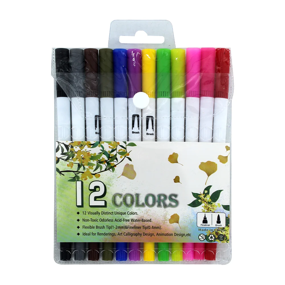 Paquete 12 plumones de colores con punta doble, 1-2mm-0.4mm / 12 colors / dual art market / lu6559