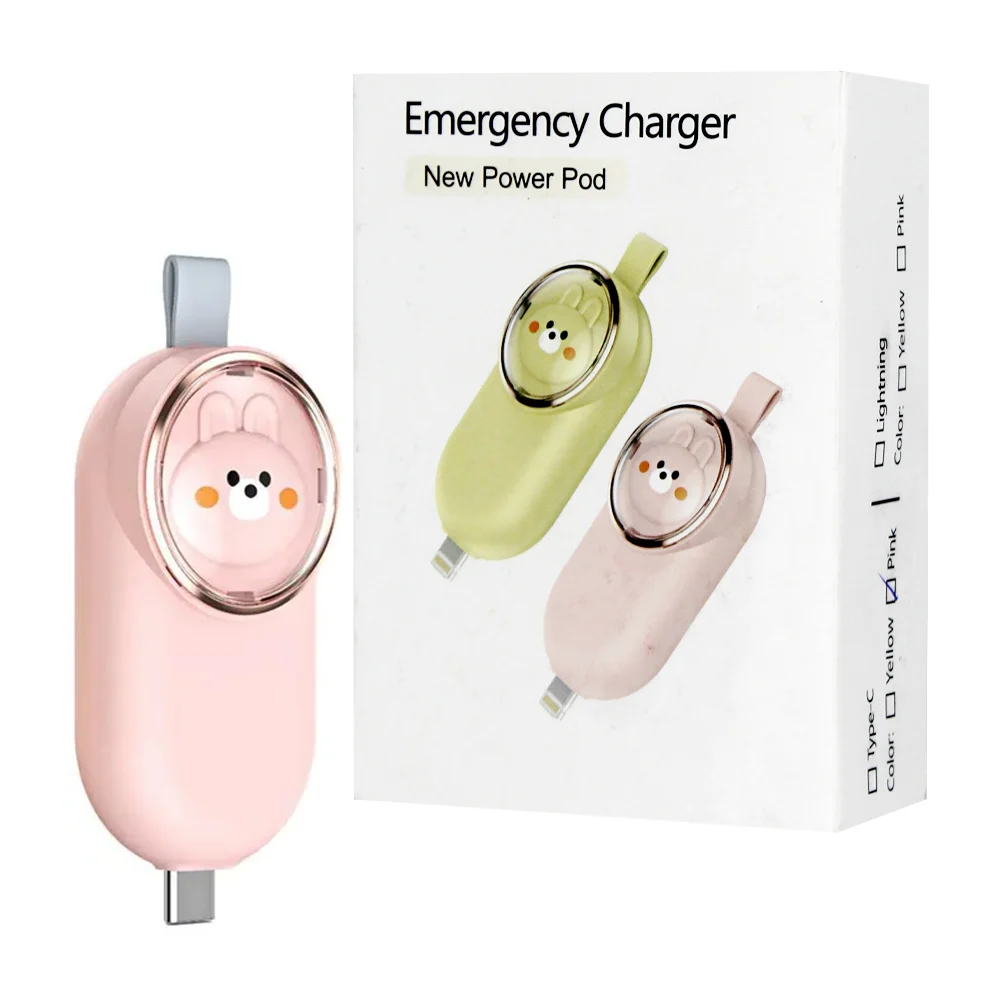 Llavero cargador portátil de emergencia con diseño de conejo y puerto tipo c o lightning, variedad de colores / new power pod / lu6627