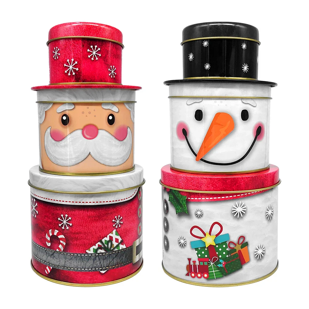 Torre de 3 latas metálicas de diversos tamaños para almacenar con diseño de muñeco de nieve o santa claus para almacenamiento, variedad de diseños  / lu7022