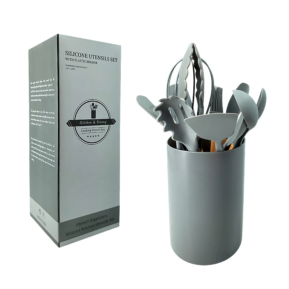 Set 11 utensilios pequeños de silicón con mango de madera para cocina + bote, variedad  de colores / silicone utensils set / kitchen & dining / 78209