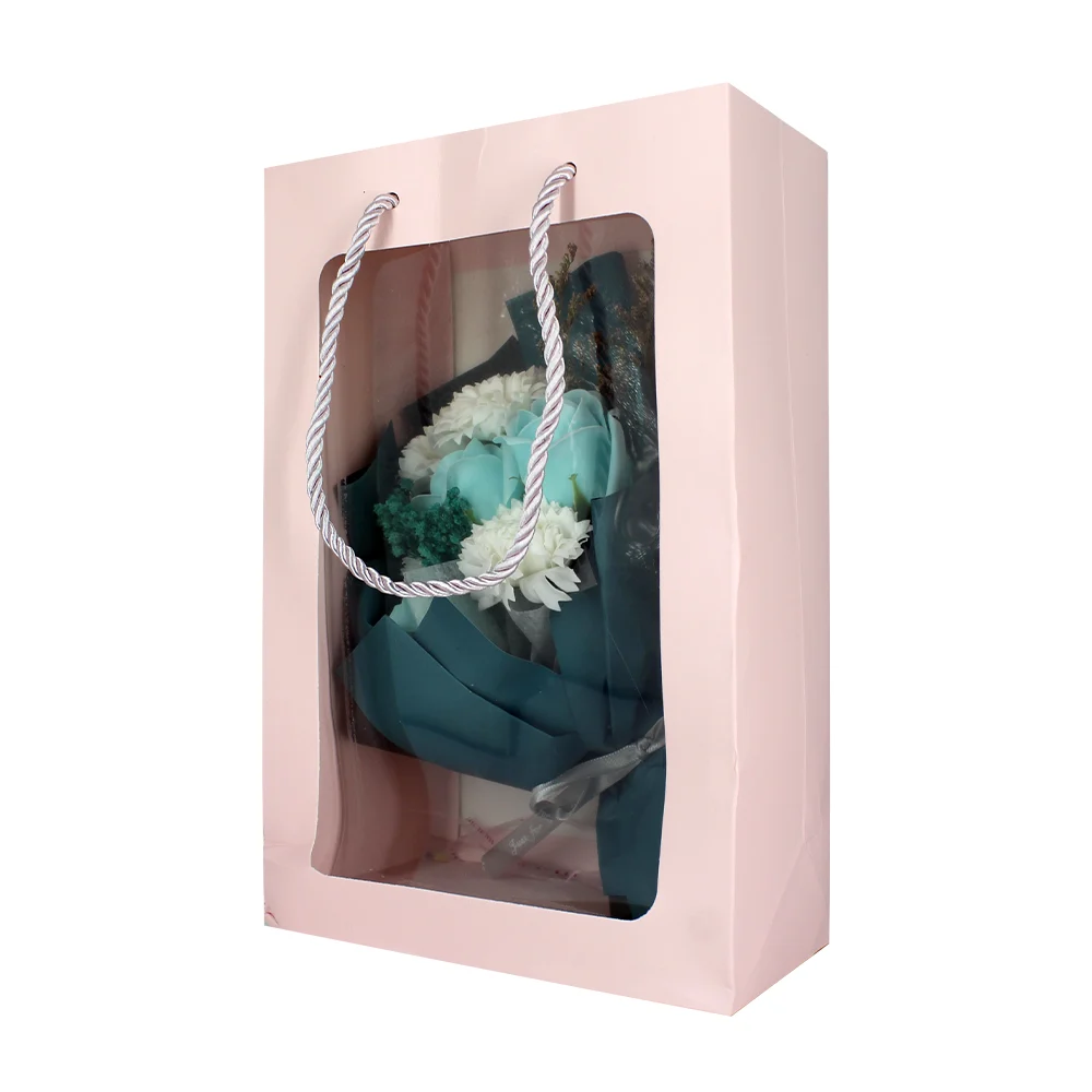 Caja rectangular tipo bolsa de regalo con mini ramo de flores artificiales, variedad de colores / X259