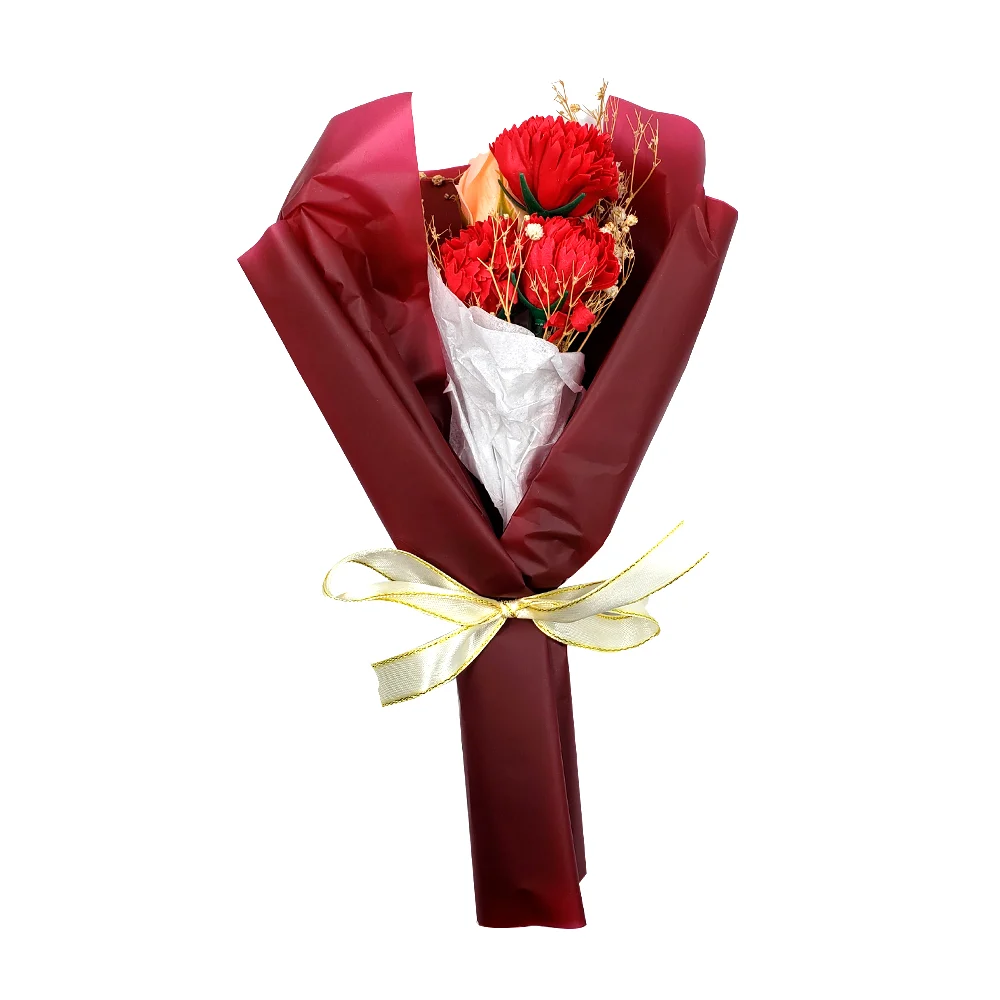 Ramo de 1 rosa y 2 flores artificiales con listón detalles dorados, variedad de colores