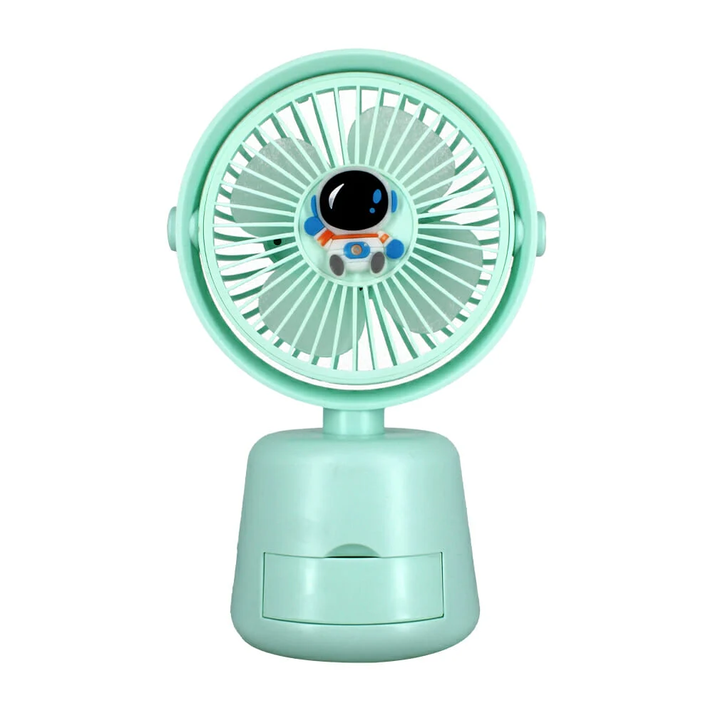 Ventilador redondo portátil recargable de 2 velocidades con orejitas, luz, soporte para teléfono celular y stickers, variedad de diseños y colores / bjj718 / 548k