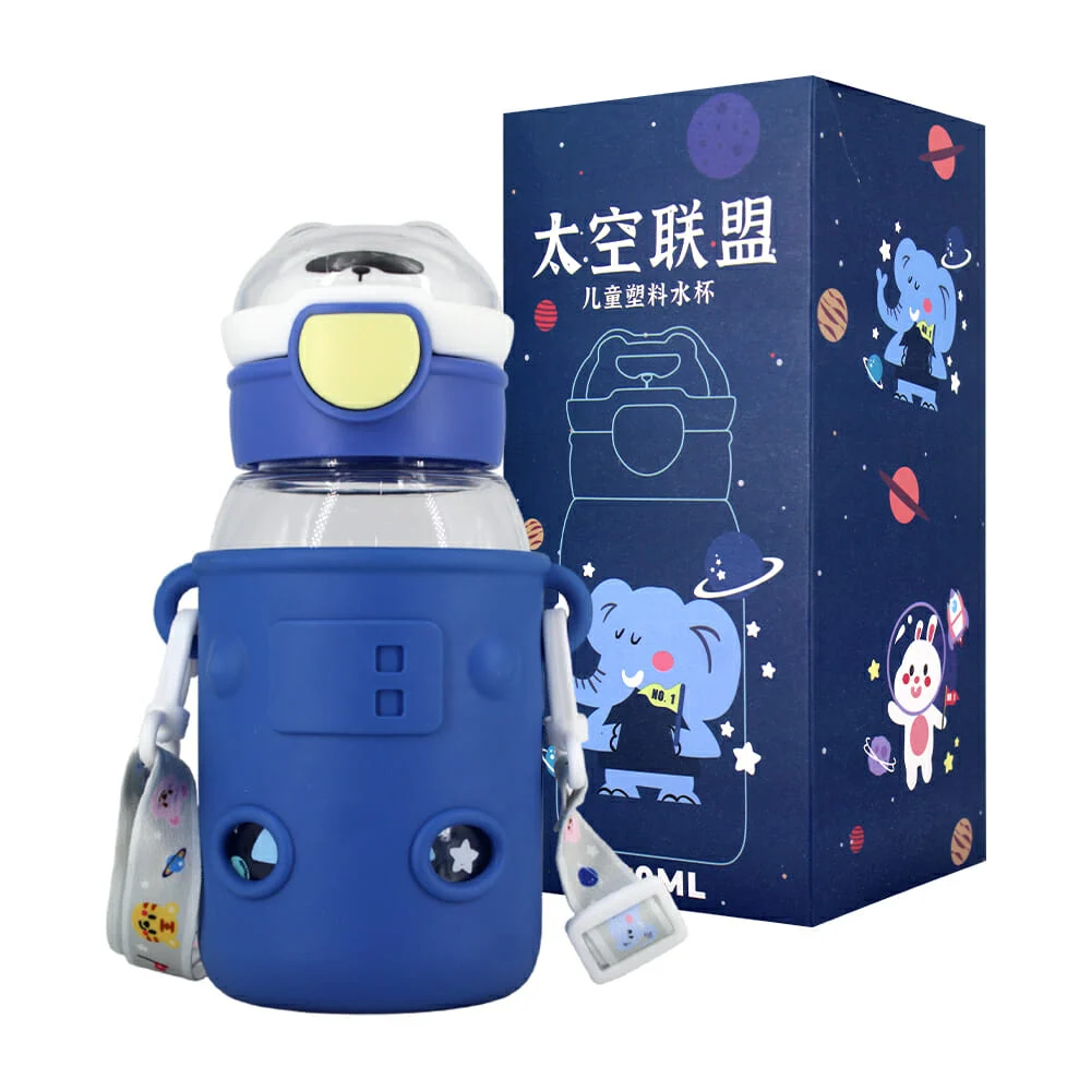 Botella transparente con estampado de animales astronautas con funda de silicón y correa 600ml, variedad de diseños / ly-320