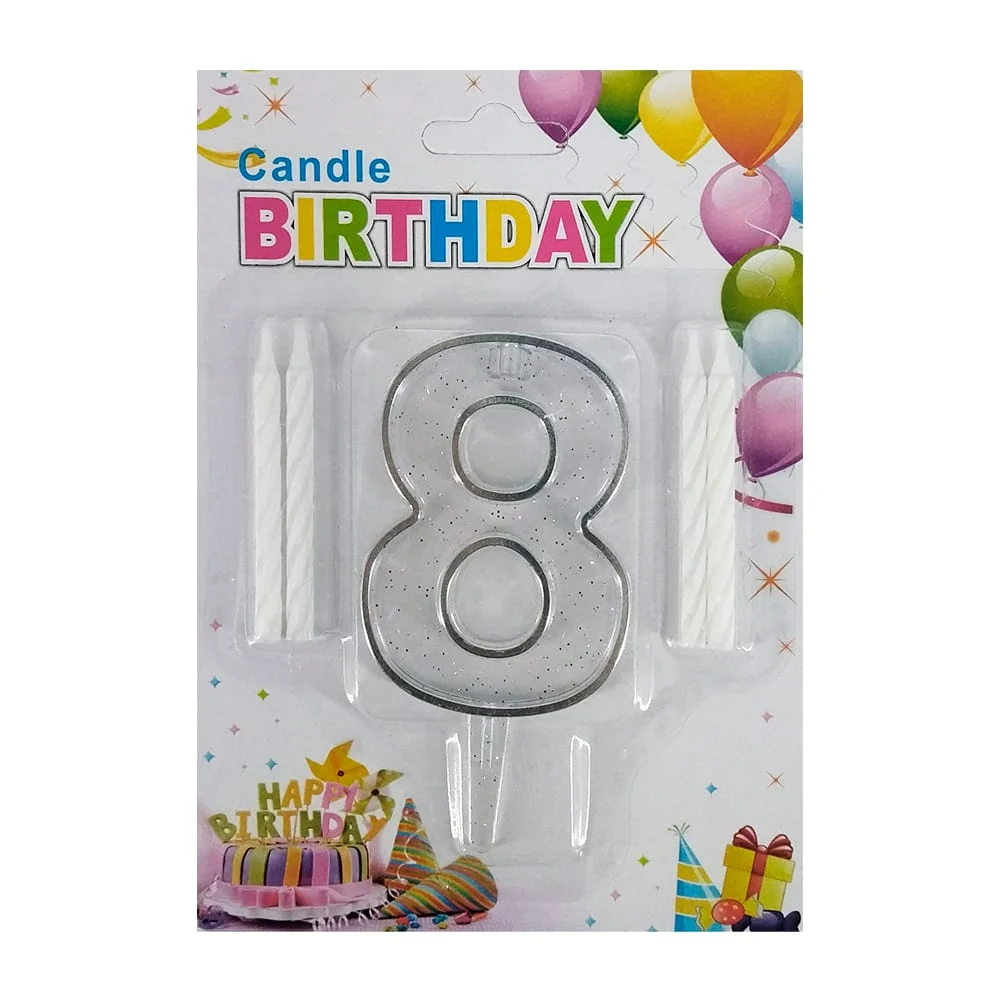 1pza Vela en forma de número transparente con diamantina + 4 velas de repuesto, variedad de modelos / 913094