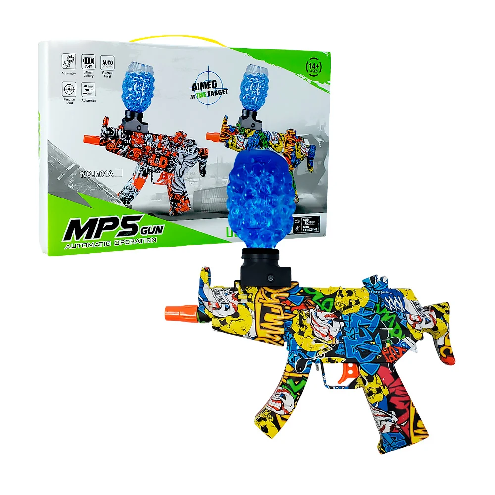 Pistola mp5 gun diseño tipo grafiti multicolor de calaveras con modo automático para lanzar bolitas de hidrogel 7-8mm / m01b